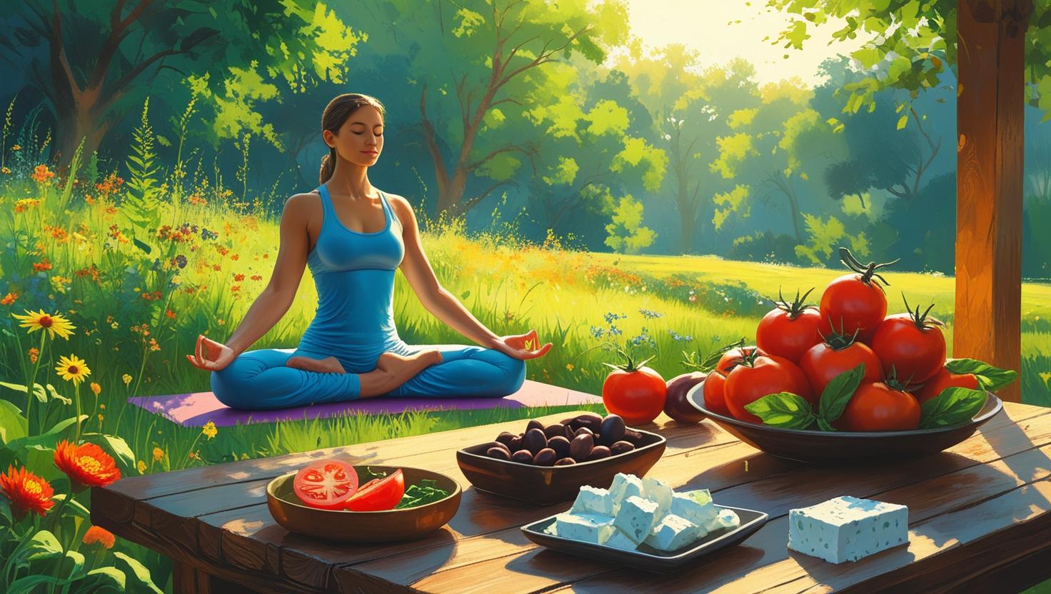 Una persona practicando yoga o una ensalada mediterránea